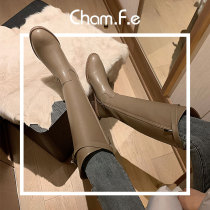 Full leather thick heel boots female knight boots autumn and winter leather gray belt buckle low heel but knee high boots 075C