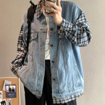 Net red denim jacket mens Korean version of the trend loose fake Two Plaid stitching retro lazy jacket men spring and autumn