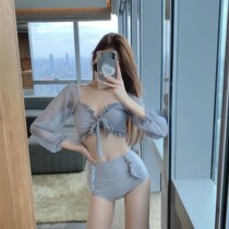 Korean version of long-sleeved split temperament with chest pad swimsuit mesh high waist meat cover belt steel tow bikini fairy fan swimsuit