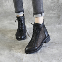 European station Roman womens sandals leather mesh cool boots middle heel fashion top layer cowhide leather bag joint mesh short boots