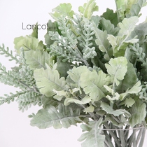 Lancol European simulation flower flocking silver leaf chrysanthemum antler grass hand holding flower with grass home decoration flower fake flower