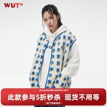 (WUT official store) sugar-free series illustrator co-named small blue flower lamb cashmere comfortable vest Tide brand vest