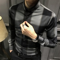 ITbuy 2021 autumn Korean version of color long sleeve slim plaid shirt male handsome buckle collar shirt men