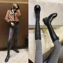 Knight boots womens 2020 winter new elastic lace-up boots but knee-high barrel thin boots medium barrel boots Martin boots