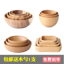 Japanese handmade wooden bowl Household children eat whole wooden bowl Salad fruit large bowl Soup noodle bowl Wooden bowl Wooden tableware