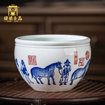 Jingdezhen ceramic pure hand-painted blue and white five-horse map large tea washing tea set accessories Tea bowl washing pen washing basin