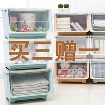 Front open toy storage box plastic transparent kitchen storage box side door children snack storage box finishing box