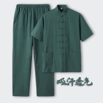 Tang suit mens summer Chinese style thin Chinese mens summer short sleeve suit ancient costume ethnic style cotton two-piece set