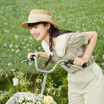 Purple Culvert Tether Tether Short Sleeve Shirt Woman 2022 Summer New Double Collision Color Doll Collar Straight Drum Blouse Fresh