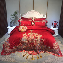 High-end wedding four-piece set cotton pure cotton wedding Chinese embroidery satin sheets Big red quilt cover bedding