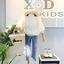 Brand childrens clothing 2019 spring new girl fairy beauty full version lace rolling edge Decoration lamp sleeve doll shirt