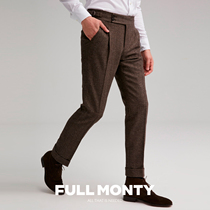 FULL MONTY Men Business Positive Dress Casual Workout Suit Pants Brown Herringbone Textured Wool Straight Silo Western Pants