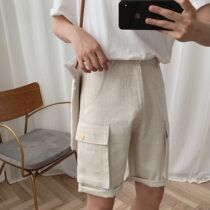 A tea and Agu summer three-color shorts mens big pockets loose college style cotton and linen casual pants