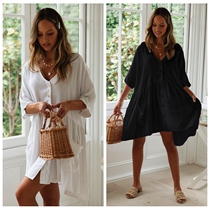 Seaside Holiday Beach Jacket Woman Loose White Sunscreen Bikini Swimsuit Hood for long style European and American Wind
