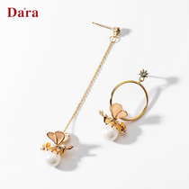 Dela 925 Silver Needle Asymmetric Earrings Female Long and Short AB Long Personality Joker Earrings