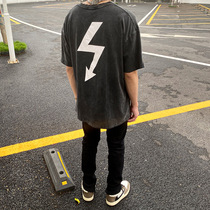 Vintage Manson lightning print vtg wash do old Vintage short sleeve high street loose hip hop T-shirt trend