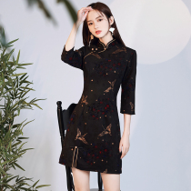 Cheongsam 2021 new modified retro national tide young Autumn Mid-sleeve black little dress short