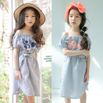 Girls summer dress new striped embroidered ethnic style waist shoulder dress