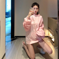 Hong Kong Tide Brand Pink Loose Hoodie Women 2021 Autumn Thin bf Joker oversize Giant Sleeve Top