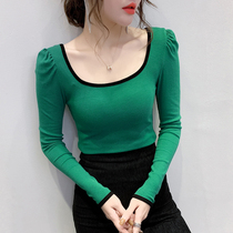 Low Collar Bottom Jersey Woman 2021 Spring Dress New Square Collar Bubble Sleeve T-shirt With Long Sleeves Sexy Tight Blouses