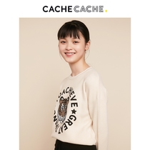 CacheCache Sweater Womens Autumn Winter Joker Print Loose Round Neck Cream Base Knitting