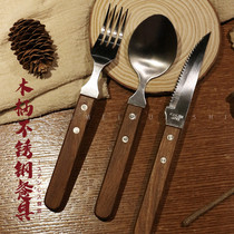 Homestay day style cutlery flower pears wood handles Western meals 3 pieces Suit Spoon Fork Knife Office schoolgirls Ins Home