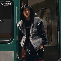 KDZ original design personality stitching wool hooded denim jacket mens 2021 autumn winter loose trend coat