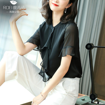 Heavy silk shirt female summer silk shirt short sleeve T-shirt temperament high-end ruffled shirt foreign small shirt