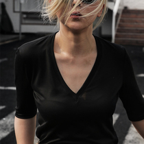 Z boss Senior 5 color Silk V collar short sleeve black T-shirt female summer slim slim slim European and American base shirt shirt