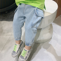 2021 autumn new childrens clothing boys loose denim trousers childrens pocket overalls baby spring and autumn pants tide