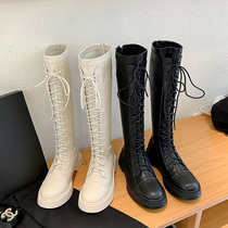 High Cylinder Boots Woman Thick Bottom 2021 Autumn Winter New Elastic Genuine Leather Black Rider Boots Strap Small Sub Long Boot Tide