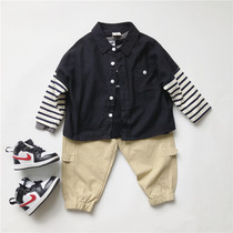 Men and women Baby children children striped sleeve stitching lapel collar long sleeve shirt top base shirt coat handsome tide