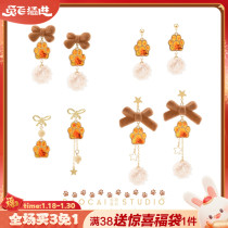 Original design milk tea color cat claw earrings bowknot lamb fur ball earrings sweet girl no ear piercing ear clip female