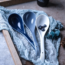 Big soup spoon ceramic large noodle spoon porridge long handle porridge spoon Matt soup small spoon blue spoon household spoon