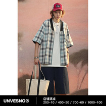 Unvesno (UN) improved baseball collar reversible plaid casual retro cardigan short-sleeved shirt jacket