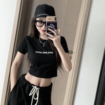 celine pianna round collar short sleeve T-shirt female summer Han version swarm with high waist short and open navel alphabet