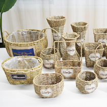 Pastoral straw Wicker flower basket rattan basket multi-meat Green Rose green plant flower arrangement hand-woven flower pot flower basket