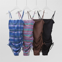 2021 new ins style one-piece swimsuit with chest pad retro Korean version simple sexy tube top drawstring swimsuit women
