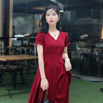 Seven quantity one cut red slim short sleeve v-neck high waist elegant split long skirt dress female summer small 123