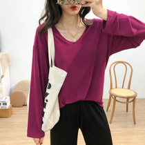 South Korea 2021 Spring Wear Big V neck long sleeve cotton T-shirt female Korean version loose thin solid color top base shirt