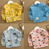 Childrens shoulder button t-shirt long sleeve pure cotton 2021 new baby cardigan single autumn coat male and female childrens baby base shirt