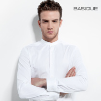 Yuan Ben small stand collar slim male long sleeve shirt white cotton business hipster Chinese style