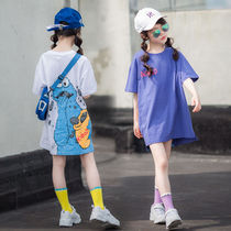 2020 Girls  long short-sleeved T-shirt dress Summer new Foreign childrens clothing Korean version of the big childrens cartoon top tide