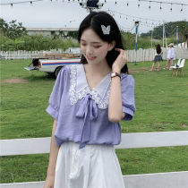 Bubble Cuff Lace Doll Collar Short Sleeve Snowshirt Blouse Blouse Women 2021 Summer Korean version Sweet Purple Loose Shirt