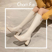 Beige elastic slim boots thick heel high tube womens boots winter leather plus velvet thin high heel boots women 503C