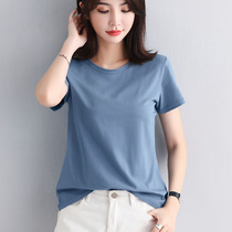 Haze blue cotton T-shirt short sleeve 2021 new female summer loose short shirt solid color large size womens explosive