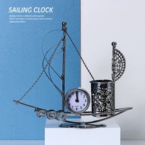 Creative metal Wrought iron sailing boat decoration storage pen holder Office desktop ornaments Crafts sailing boat clock table