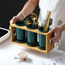  Kitchen chopstick tube spoon chopstick cage storage rack Ceramic household drain chopstick rack Storage rack Double barrel basket peach heart Nordic green
