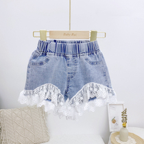 Girl denim shorts 2022 Summer new children Korean version lace splicing hot pants baby foreign air thin shorts