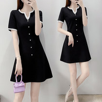 Tide brand large size women's 2022 summer fat mm foreign style French waist short sleeve dress female Hepburn wind small black skirt